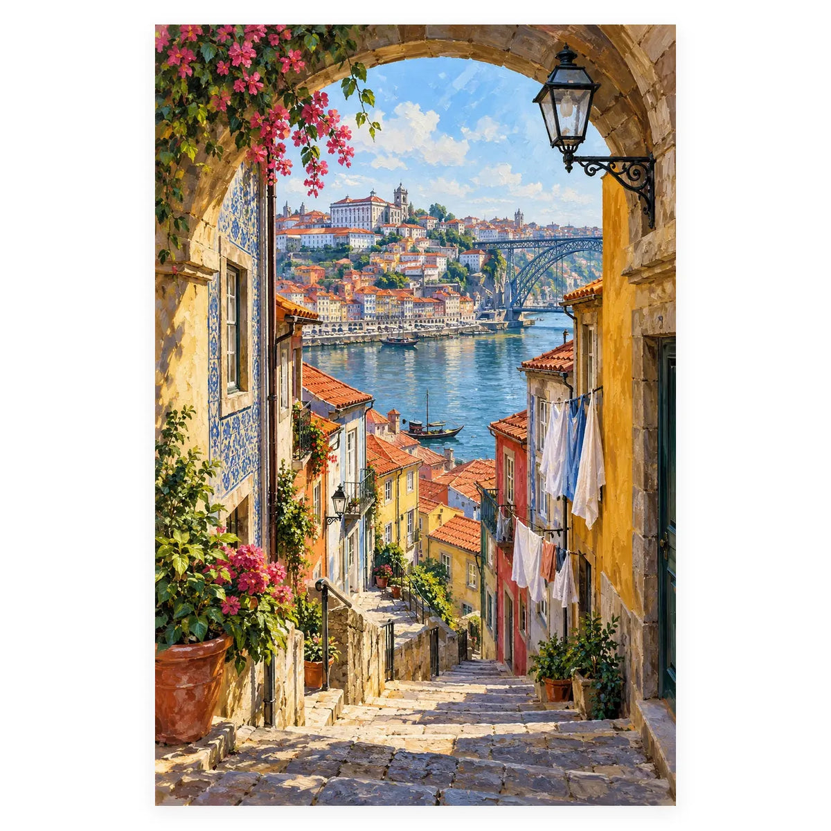 Porto Riverside Arch Laundry Steps completed artwork on a clean white background