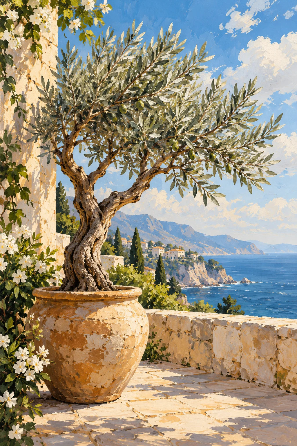 Original artwork of an olive tree in a terracotta pot overlooking a blue sea.