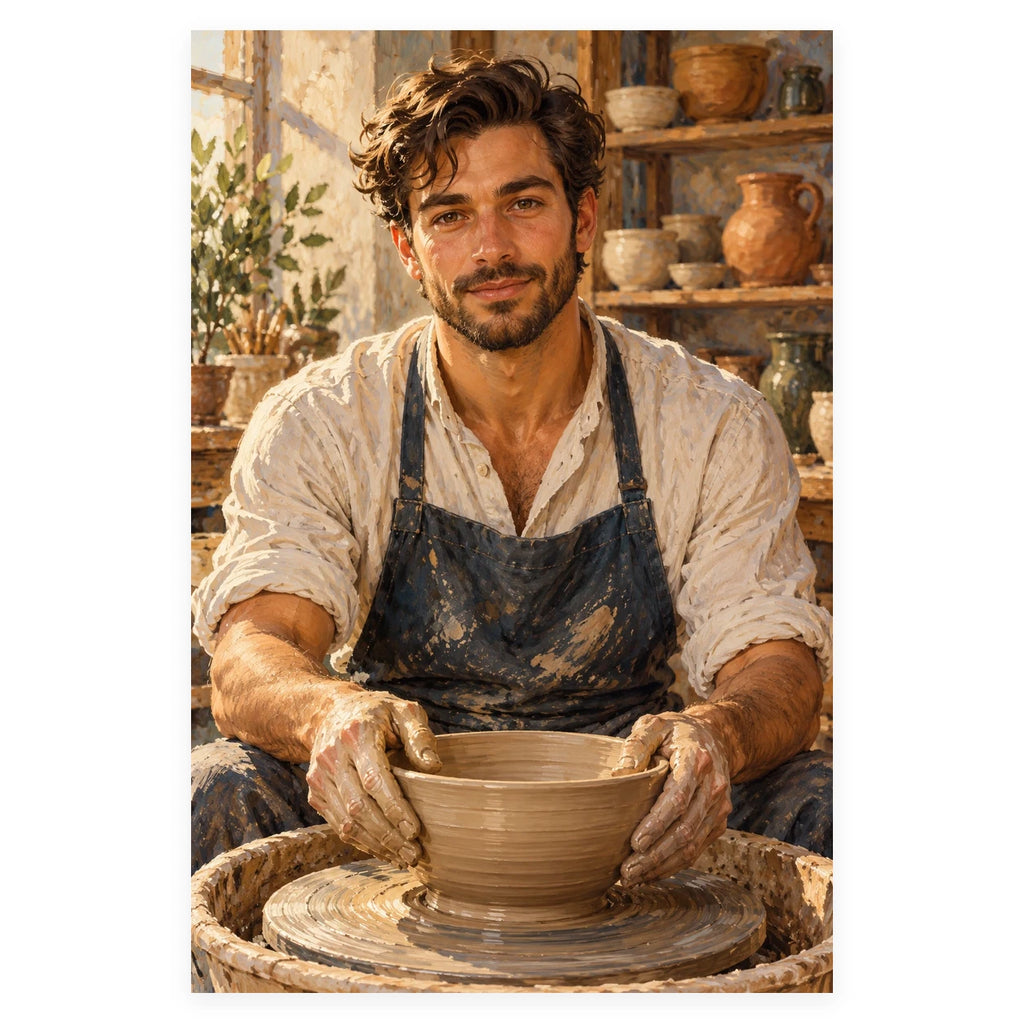 A male ceramic artist wearing a dark apron shapes a clay bowl on a pottery wheel in his sunlit studio. Complete original artwork centered on a white square with original proportions preserved.