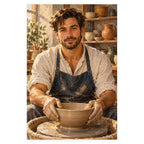 A male ceramic artist wearing a dark apron shapes a clay bowl on a pottery wheel in his sunlit studio. Complete original artwork centered on a white square with original proportions preserved.