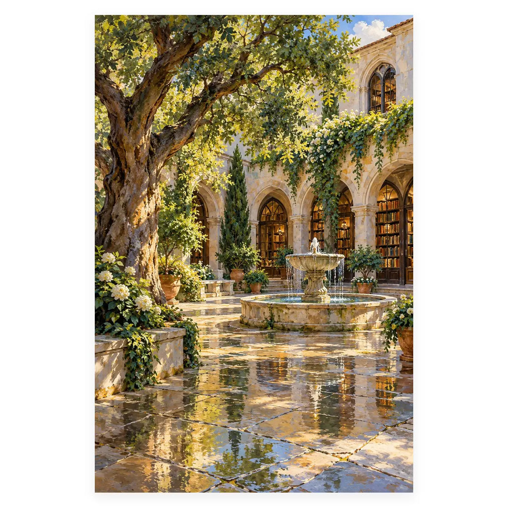 Original portrait artwork of a leafy stone-arched library courtyard, reflecting fountain, and sunlit paving, shown in full on a white background.