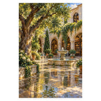 Original portrait artwork of a leafy stone-arched library courtyard, reflecting fountain, and sunlit paving, shown in full on a white background.