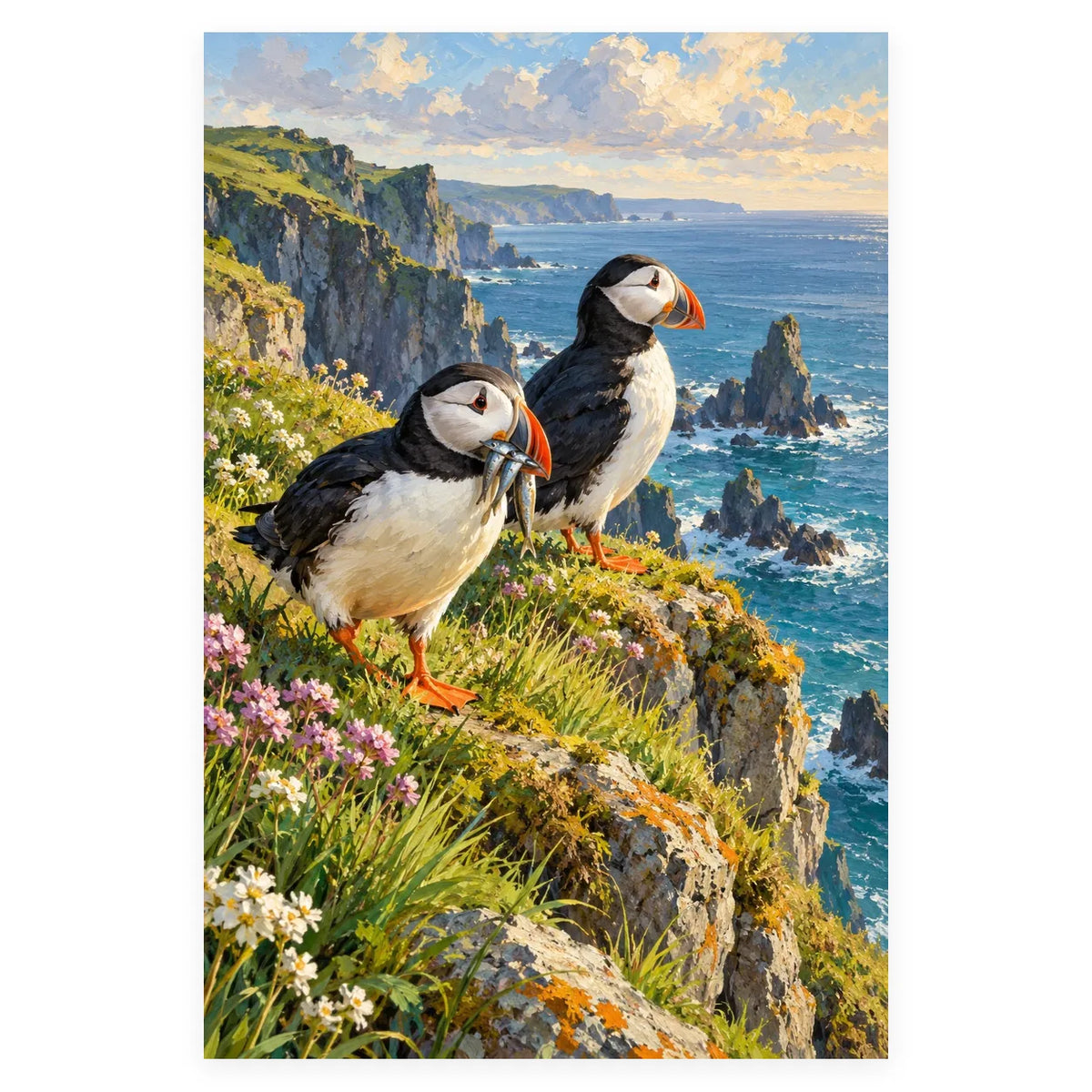 Puffins on a Cliff during Nesting Season completed artwork on a clean white background