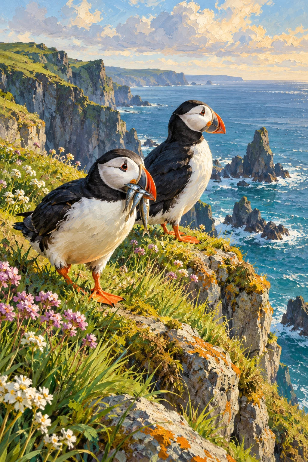 Original Puffins on a Cliff during Nesting Season artwork for the paint by numbers kit