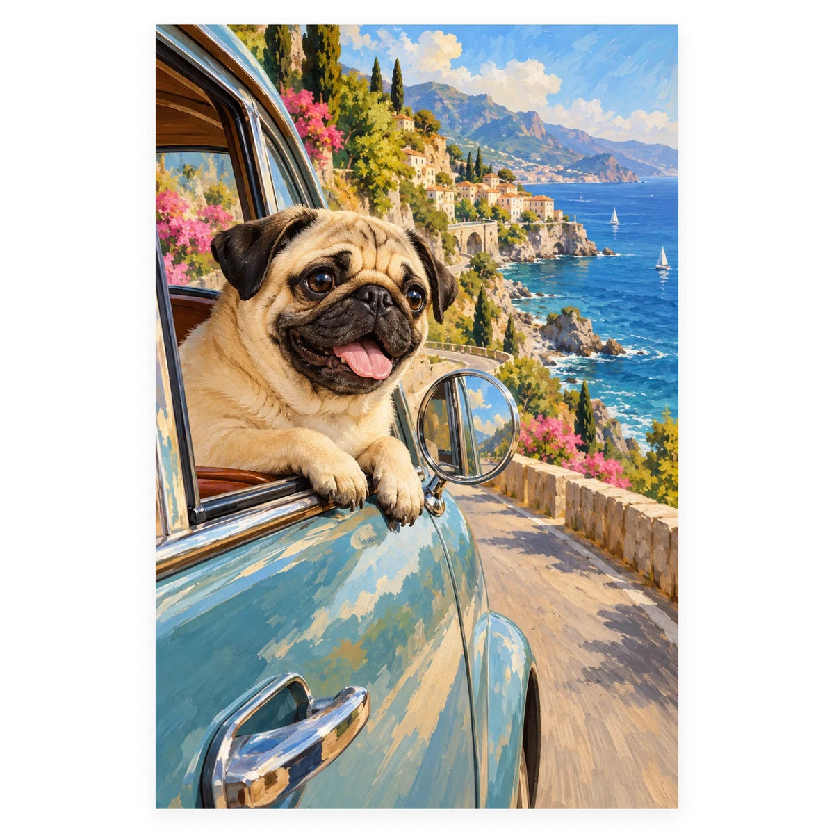 Pug at an Open Car Window completed artwork on a clean white background
