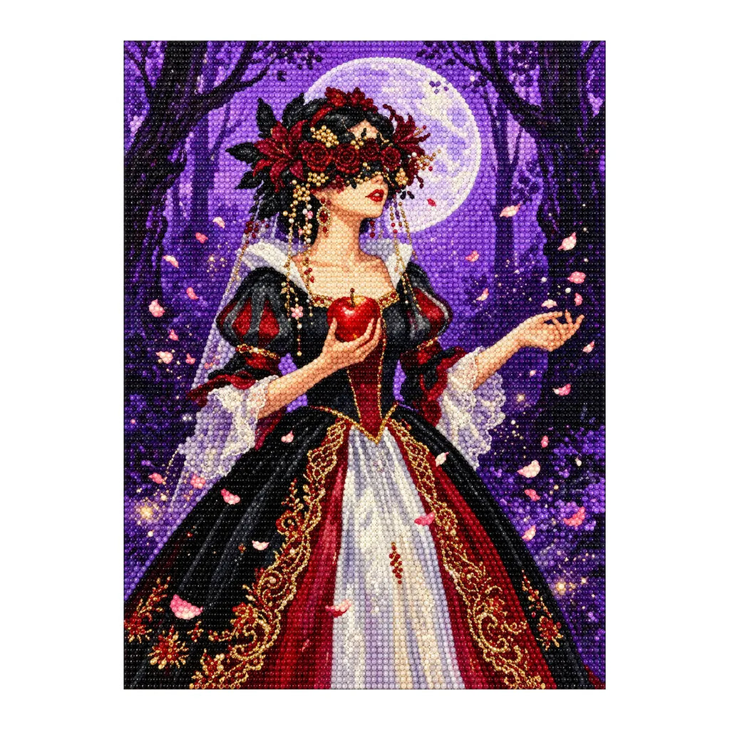White-background diamondized artwork of a rose-veiled bride holding a red apple beneath a purple moon