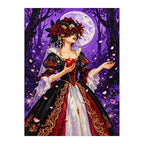 White-background diamondized artwork of a rose-veiled bride holding a red apple beneath a purple moon