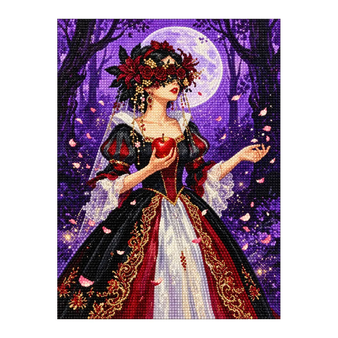 White-background diamondized artwork of a rose-veiled bride holding a red apple beneath a purple moon