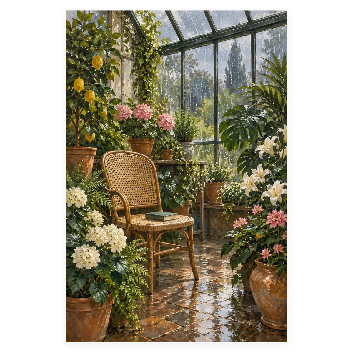 `02-rainy-greenhouse-wicker-reading-chair-original-white-background.webp` — Full original portrait greenhouse artwork with wicker chair, book, and rain-speckled windows on a white square background, preserving original proportions.
