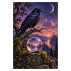 A black raven perches on a branch beside a crystal ball reflecting a moonlit lake and distant castle beneath a crescent moon. Complete original artwork centered on a white square with original proportions preserved.