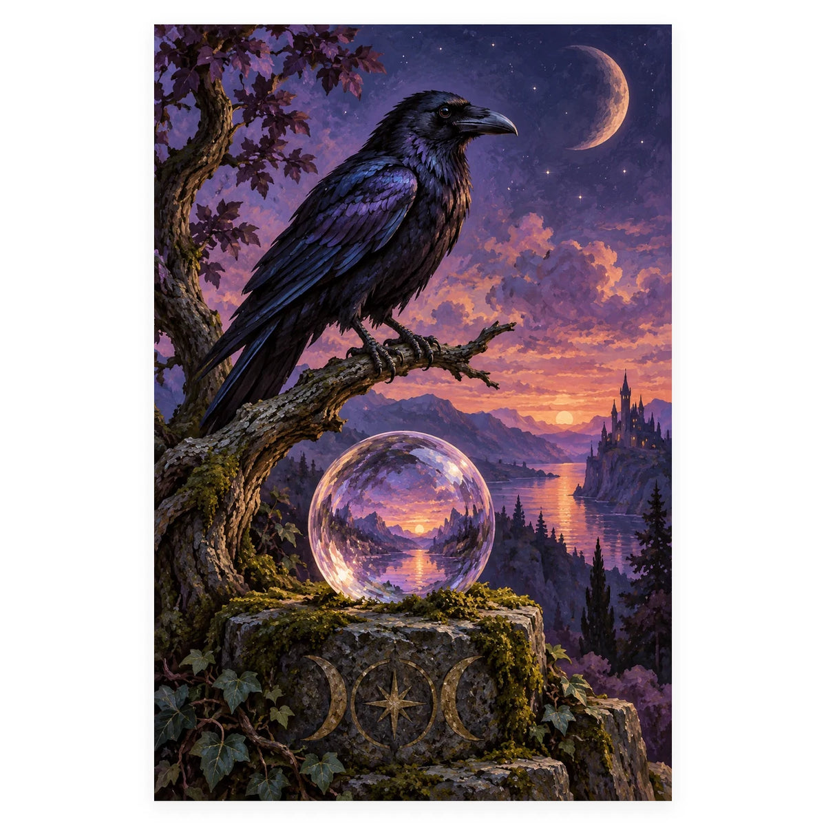 A black raven perches on a branch beside a crystal ball reflecting a moonlit lake and distant castle beneath a crescent moon. Complete original artwork centered on a white square with original proportions preserved.