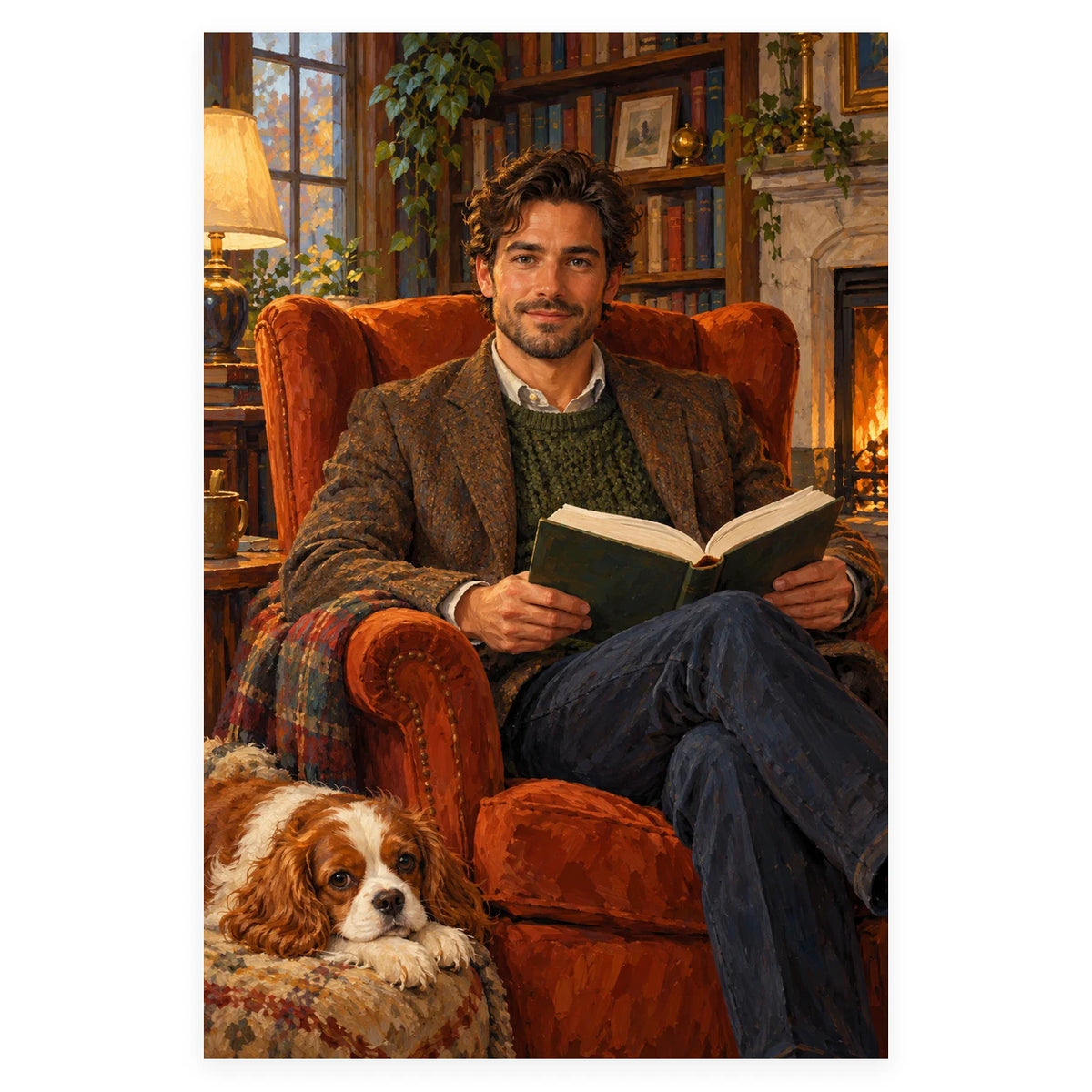 A young man reads an open book in a rust-colored armchair beside a small spaniel in a cozy library. Complete original artwork centered on a white square with original proportions preserved.