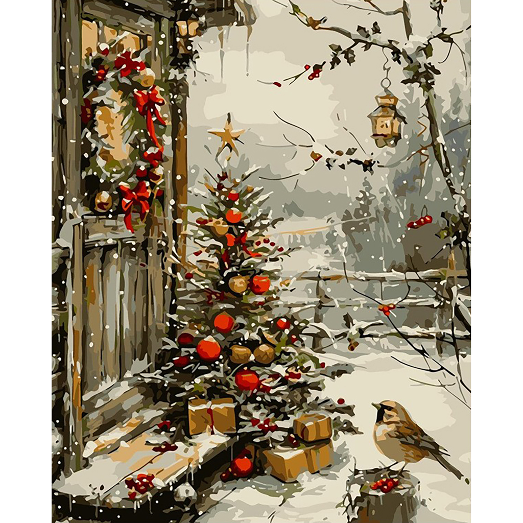 Red Ribbons in Snow paint by numbers completed artwork on a clean white background