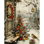 Red Ribbons in Snow paint by numbers completed artwork on a clean white background