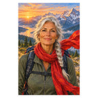 A silver-haired woman hiker wearing a bright red scarf stands before a sunlit alpine lake and snow-capped mountains. Complete original artwork centered on a white square with original proportions preserved.