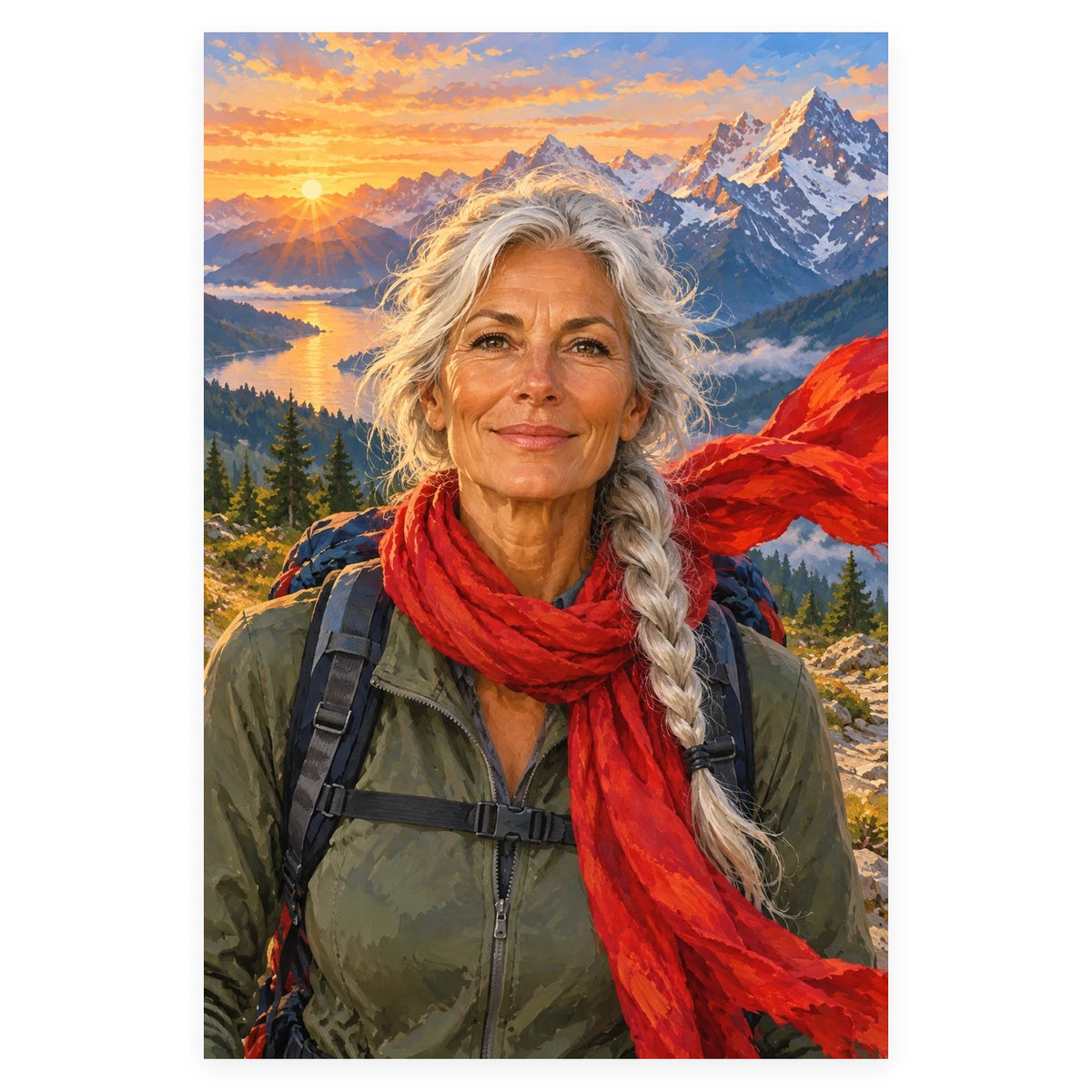 A silver-haired woman hiker wearing a bright red scarf stands before a sunlit alpine lake and snow-capped mountains. Complete original artwork centered on a white square with original proportions preserved.