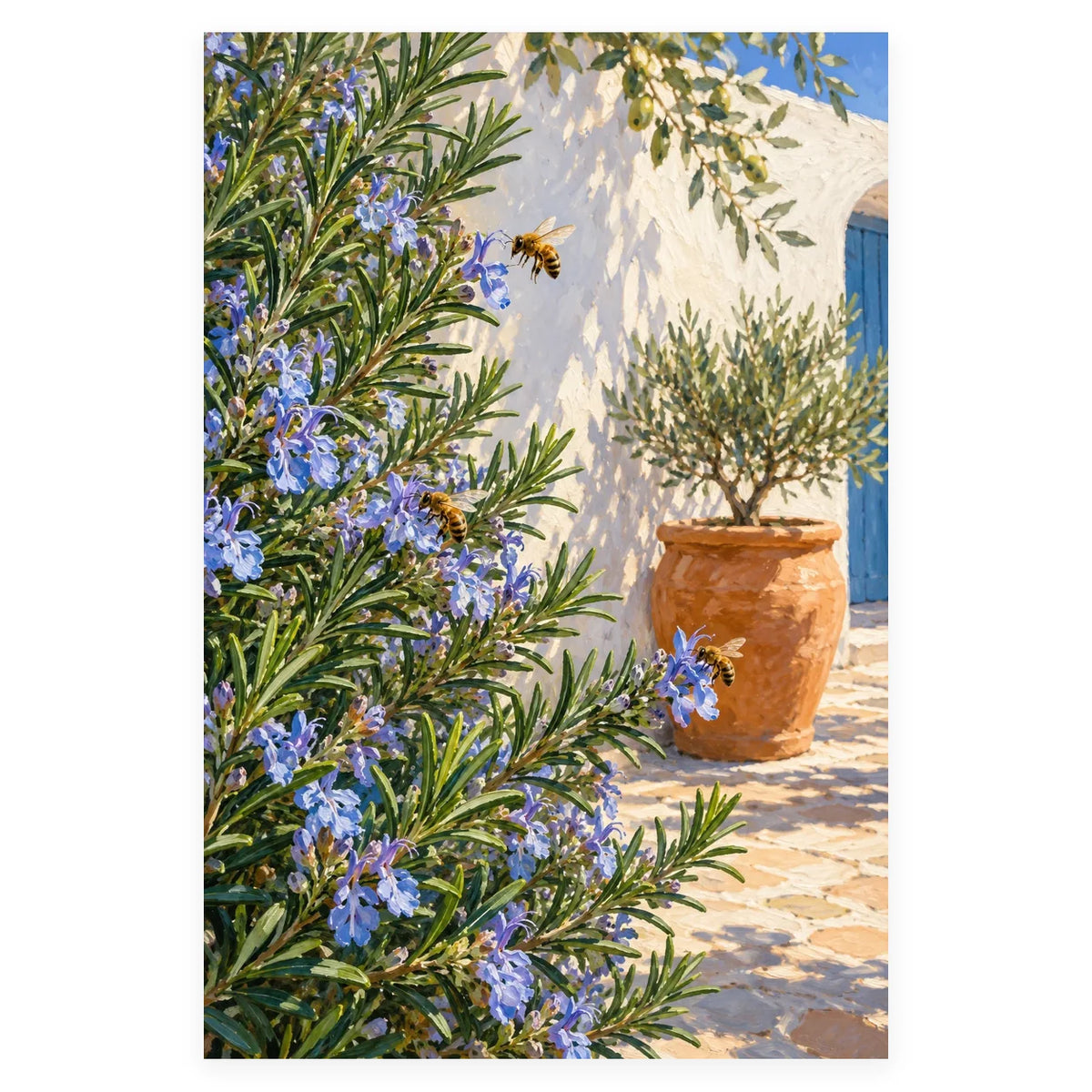 Rosemary Blossoms and Bees completed artwork on a clean white background