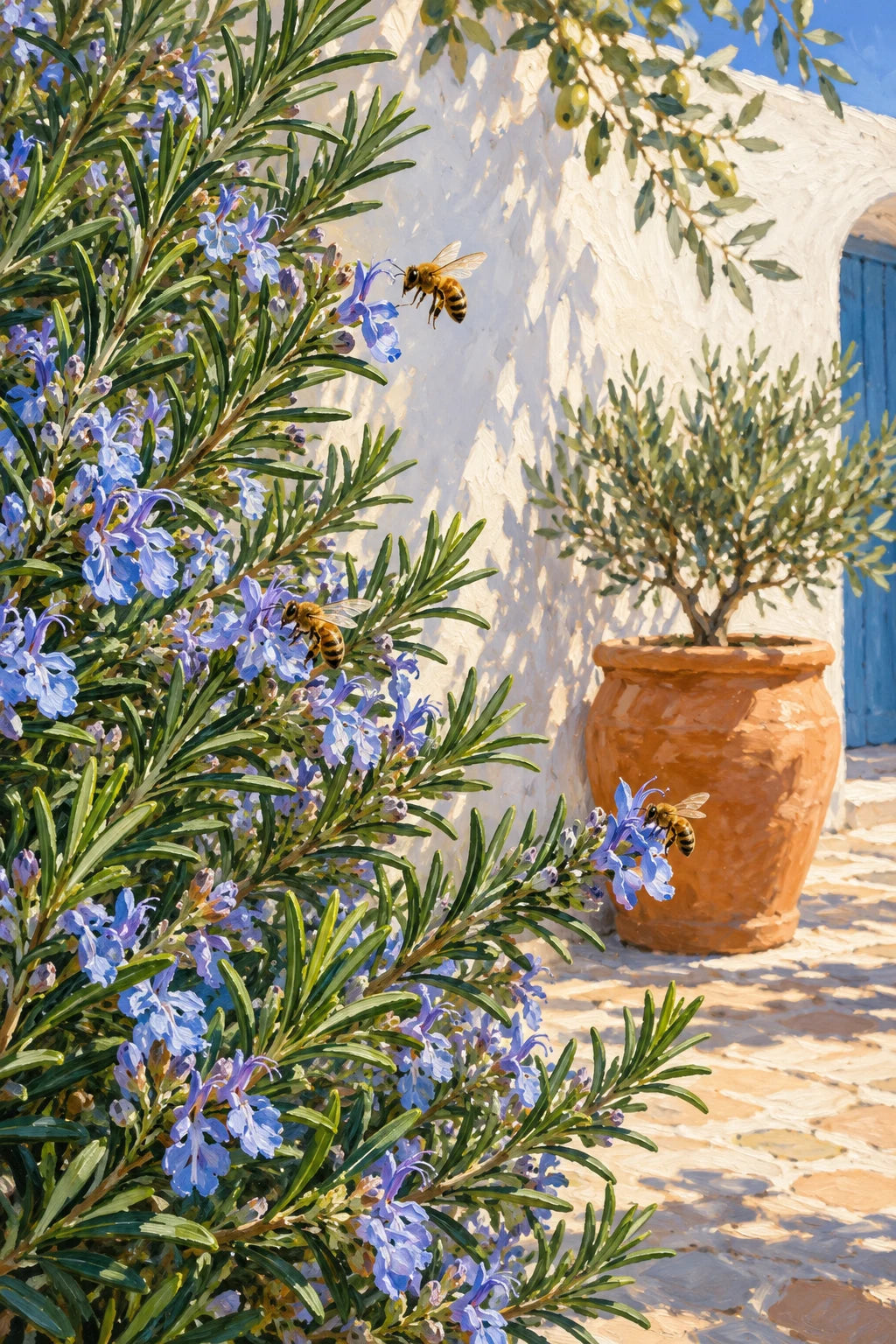 Original artwork of blue-violet rosemary-like blossoms and bees beside a cottage wall and blue door.