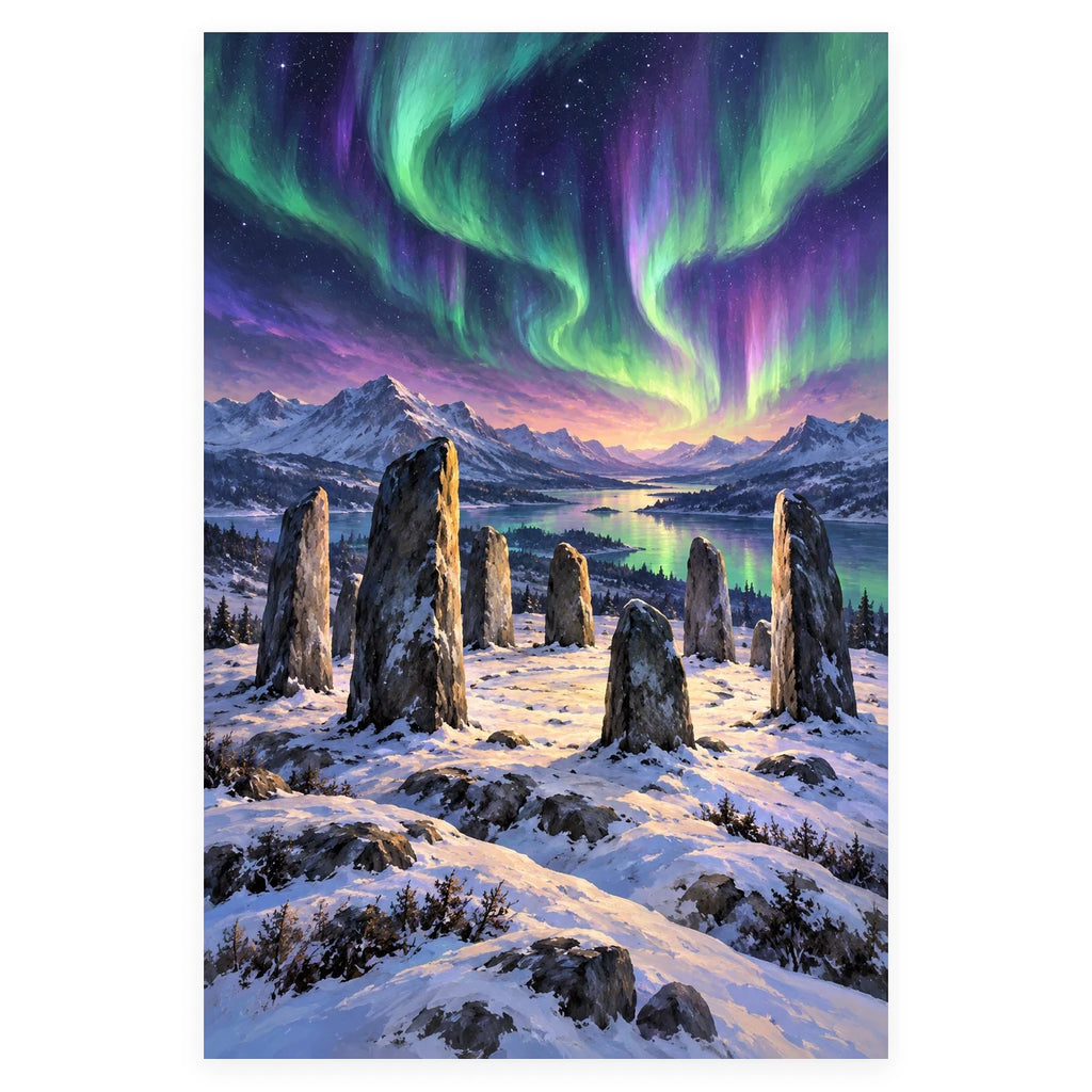 Ancient standing stones ring a snowy mountain lake beneath vivid green and violet northern lights. Complete original artwork centered on a white square with original proportions preserved.