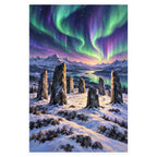 Ancient standing stones ring a snowy mountain lake beneath vivid green and violet northern lights. Complete original artwork centered on a white square with original proportions preserved.