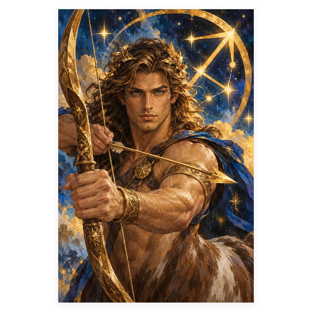 A heroic male Sagittarius archer in gold armor and a laurel circlet against a deep blue starry zodiac sky. Complete original artwork centered on a white square with original proportions preserved.