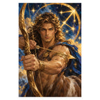 A heroic male Sagittarius archer in gold armor and a laurel circlet against a deep blue starry zodiac sky. Complete original artwork centered on a white square with original proportions preserved.