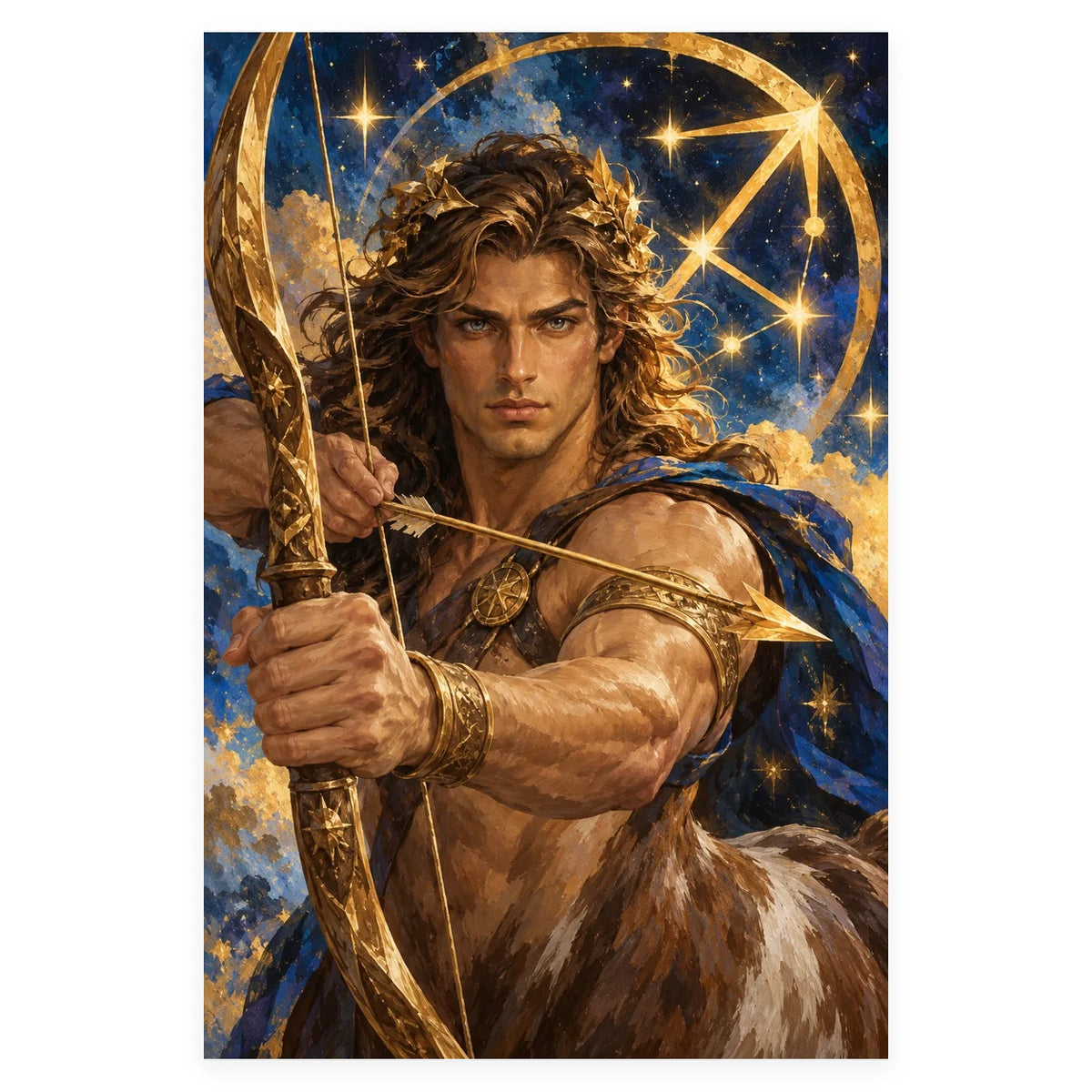 A heroic male Sagittarius archer in gold armor and a laurel circlet against a deep blue starry zodiac sky. Complete original artwork centered on a white square with original proportions preserved.