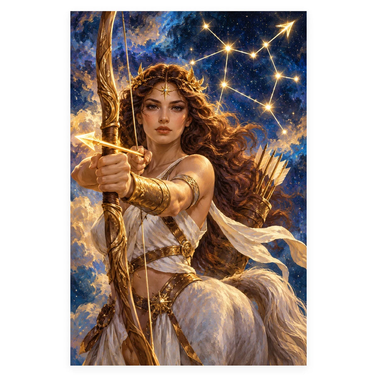 Complete original Sagittarius Woman Archer Constellation artwork centered on a white 1:1 background with the original proportions preserved.