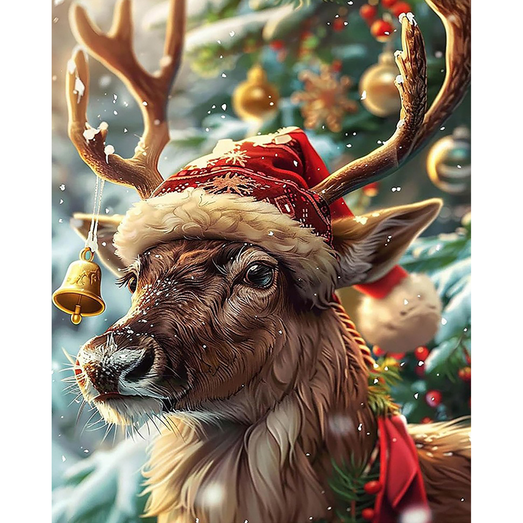 Santa Hat Reindeer paint by numbers completed artwork on a clean white background