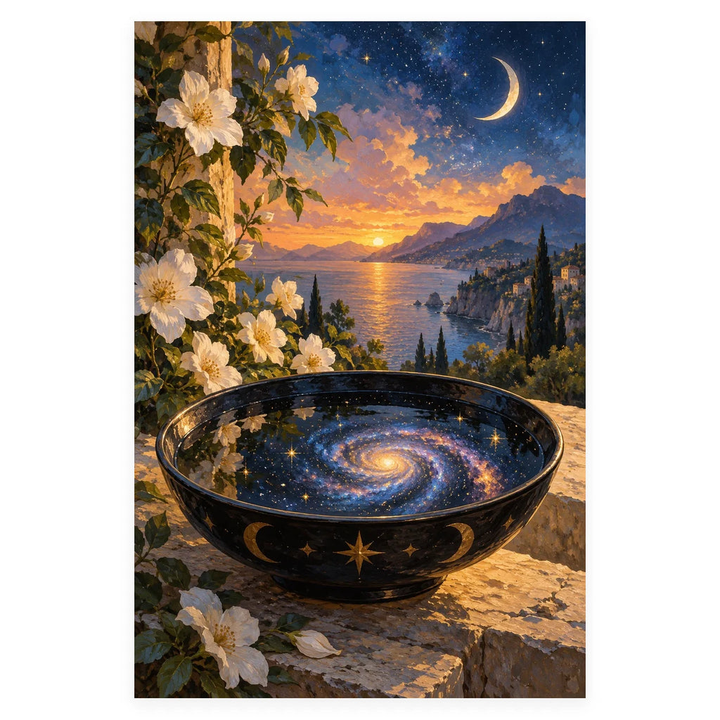 A black scrying bowl filled with a swirling galaxy sits before a crescent moon and sunset over a coastal lake. Complete original artwork centered on a white square with original proportions preserved.