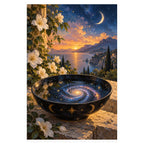 A black scrying bowl filled with a swirling galaxy sits before a crescent moon and sunset over a coastal lake. Complete original artwork centered on a white square with original proportions preserved.