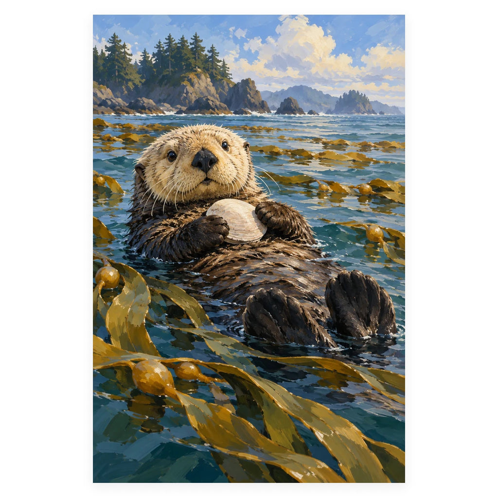 Sea Otter with Kelp and Shell completed artwork on a clean white background