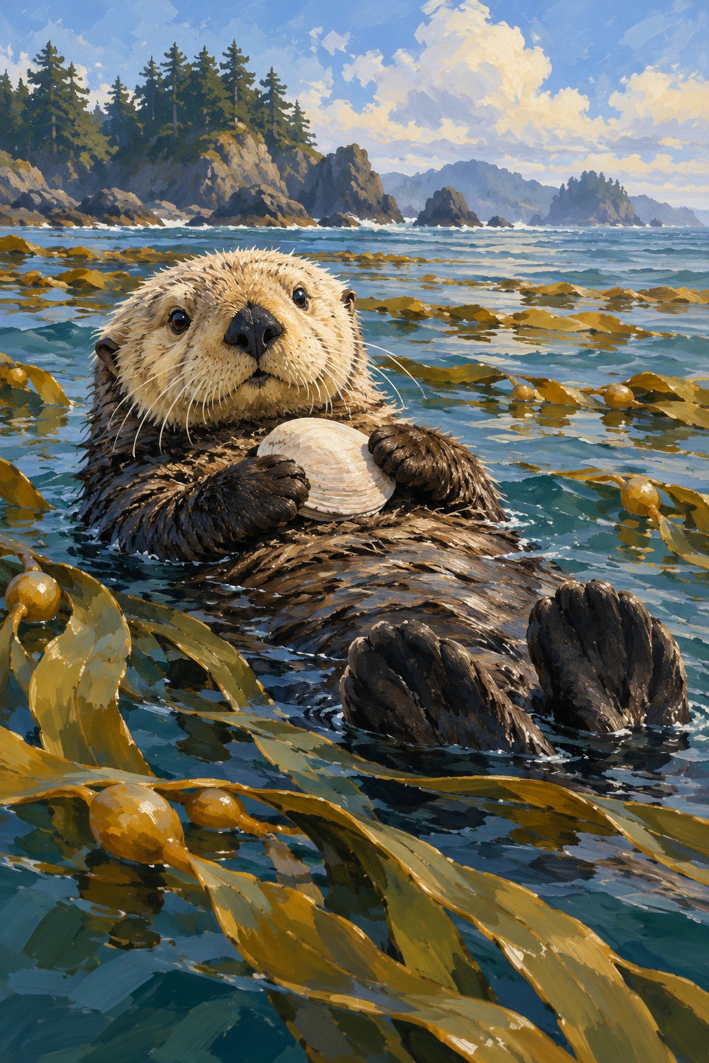 Original Sea Otter with Kelp and Shell artwork for the paint by numbers kit