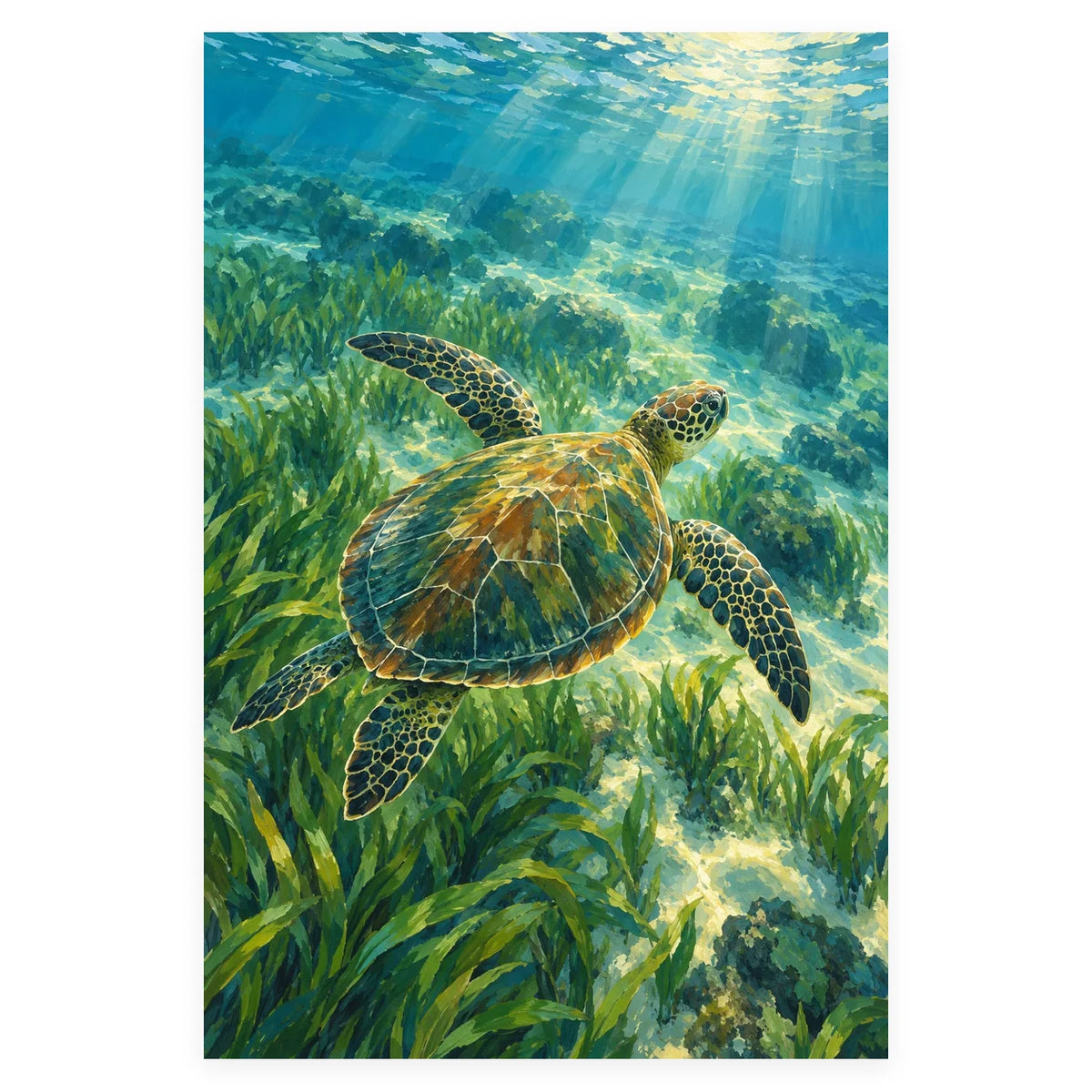 Sea Turtle above Seagrass completed artwork on a clean white background