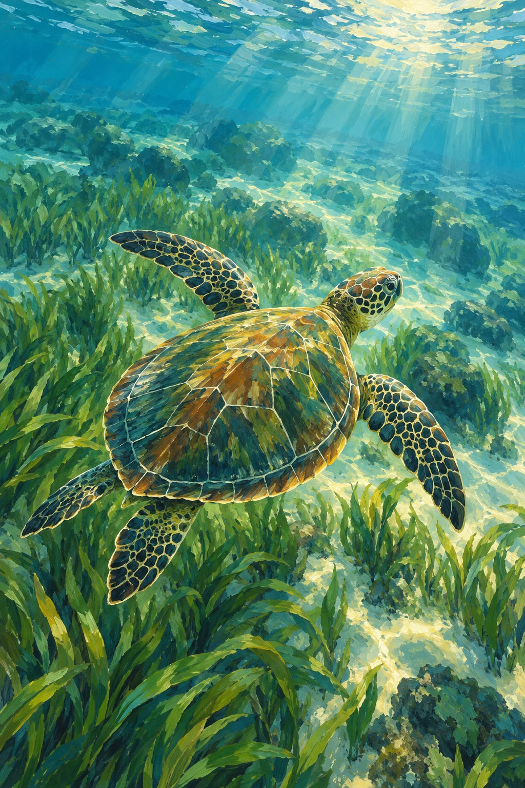 Original Sea Turtle above Seagrass artwork for the paint by numbers kit