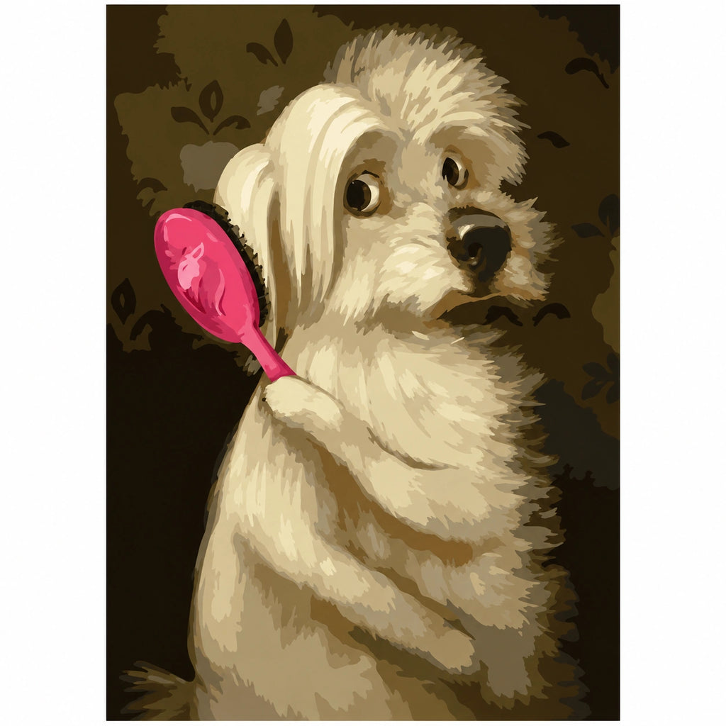 Original Shaggy Puppy with a Pink Hairbrush paint by numbers artwork.