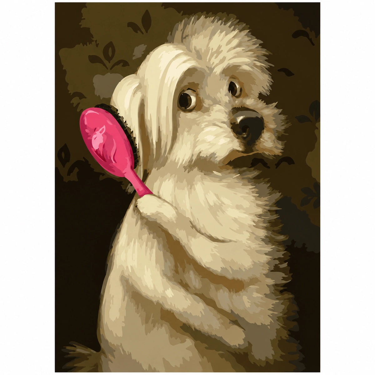 Original Shaggy Puppy with a Pink Hairbrush paint by numbers artwork.