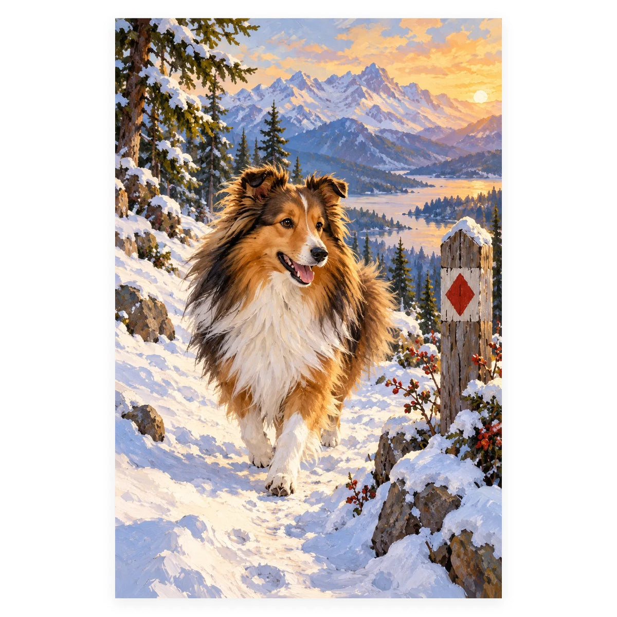 Sheltie on a Snowshoe Walk completed artwork on a clean white background