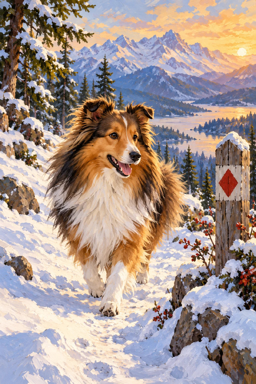 Original Sheltie on a Snowshoe Walk artwork for the paint by numbers kit
