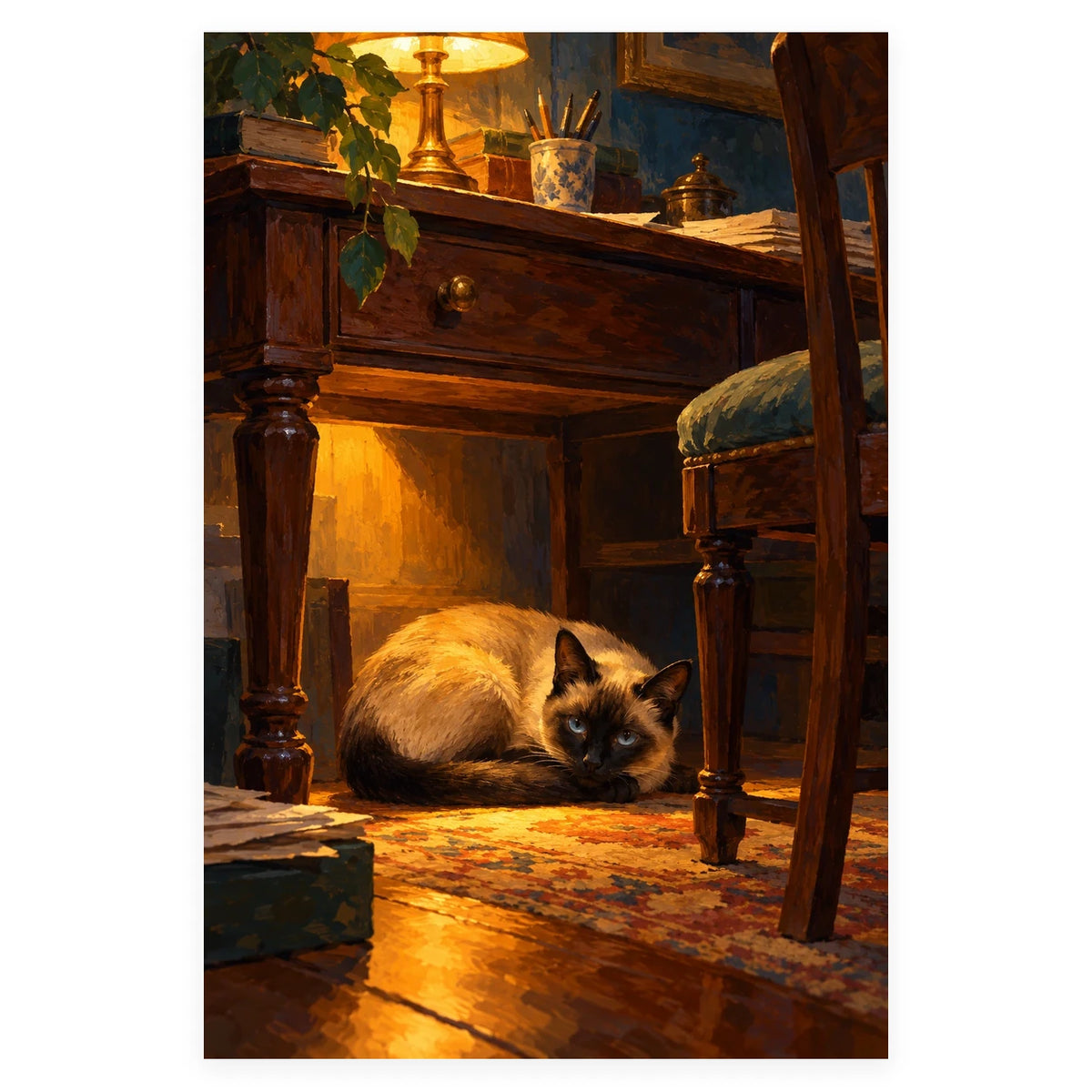 Siamese Cat under a Desk Lamp completed artwork on a clean white background