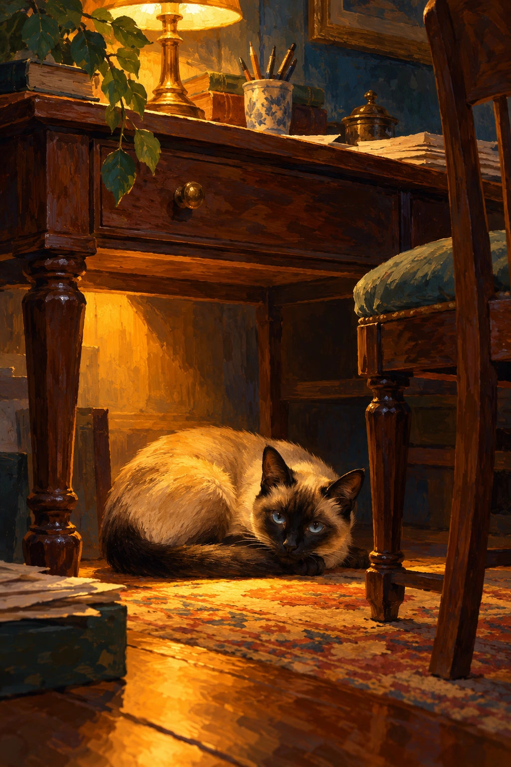 Original Siamese Cat under a Desk Lamp artwork for the paint by numbers kit