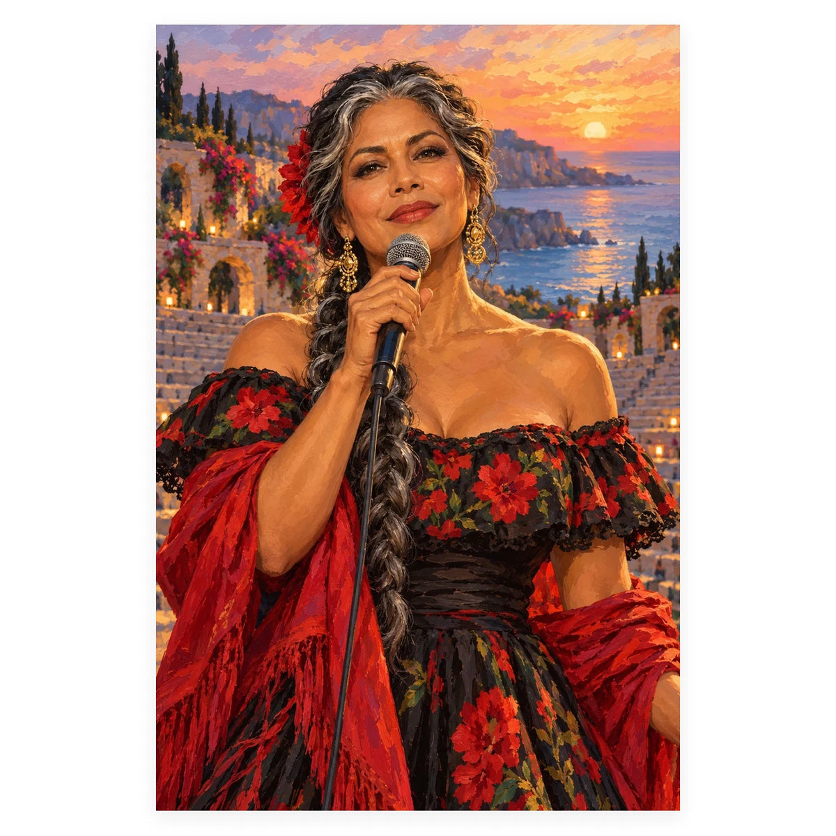 A woman singer holds a microphone at an outdoor stone amphitheater overlooking the sea at sunset. Complete original artwork centered on a white square with original proportions preserved.