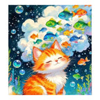 Sleepy Orange Cat Underwater Fish Galaxy completed artwork on a clean white background