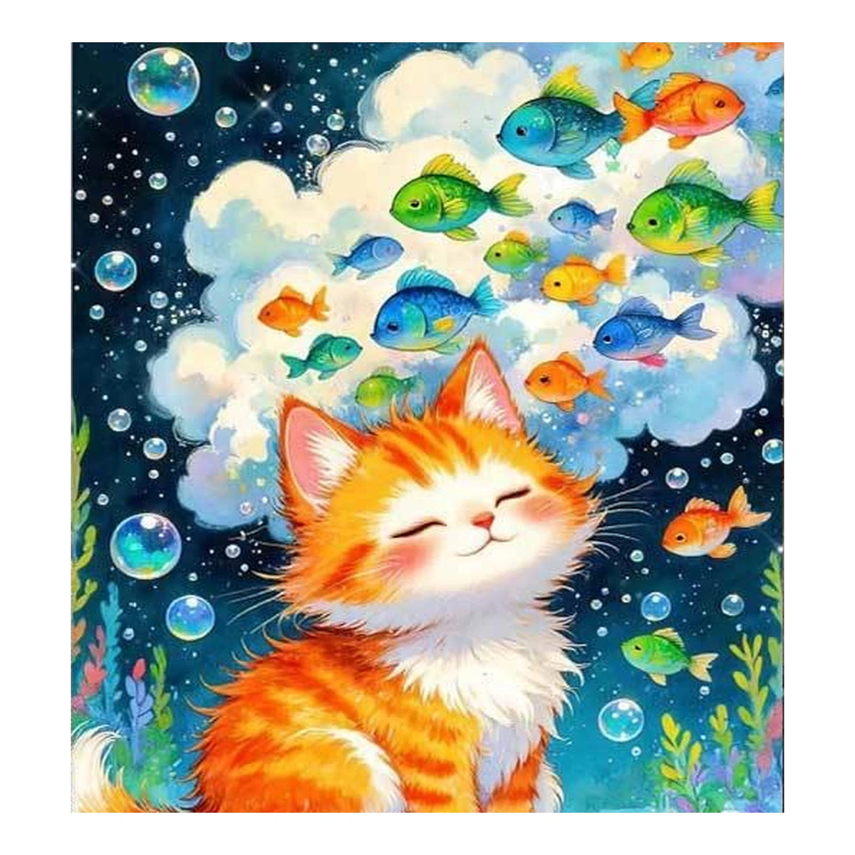 Sleepy Orange Cat Underwater Fish Galaxy completed artwork on a clean white background