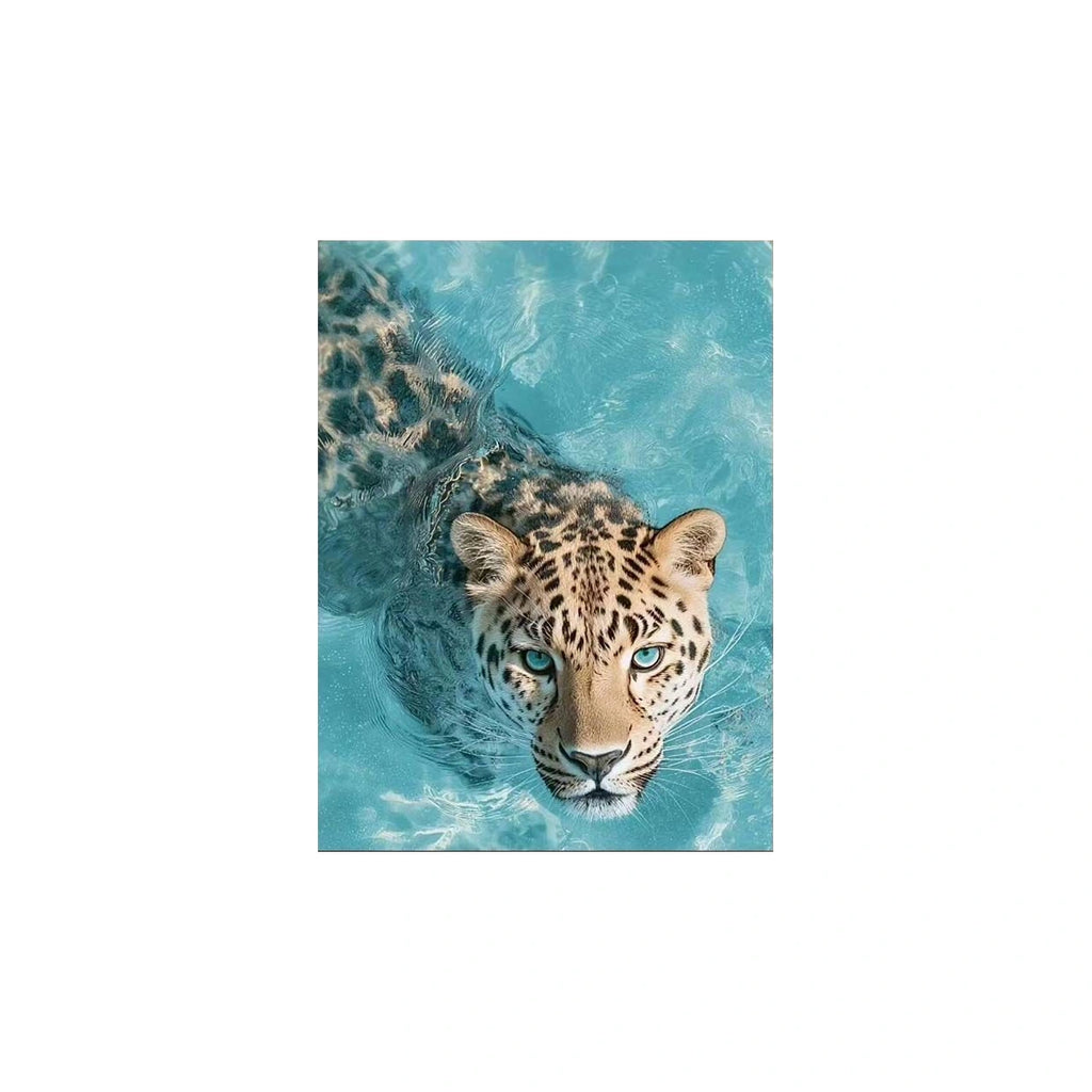Snow Leopard in Turquoise Water completed original artwork on a clean white background