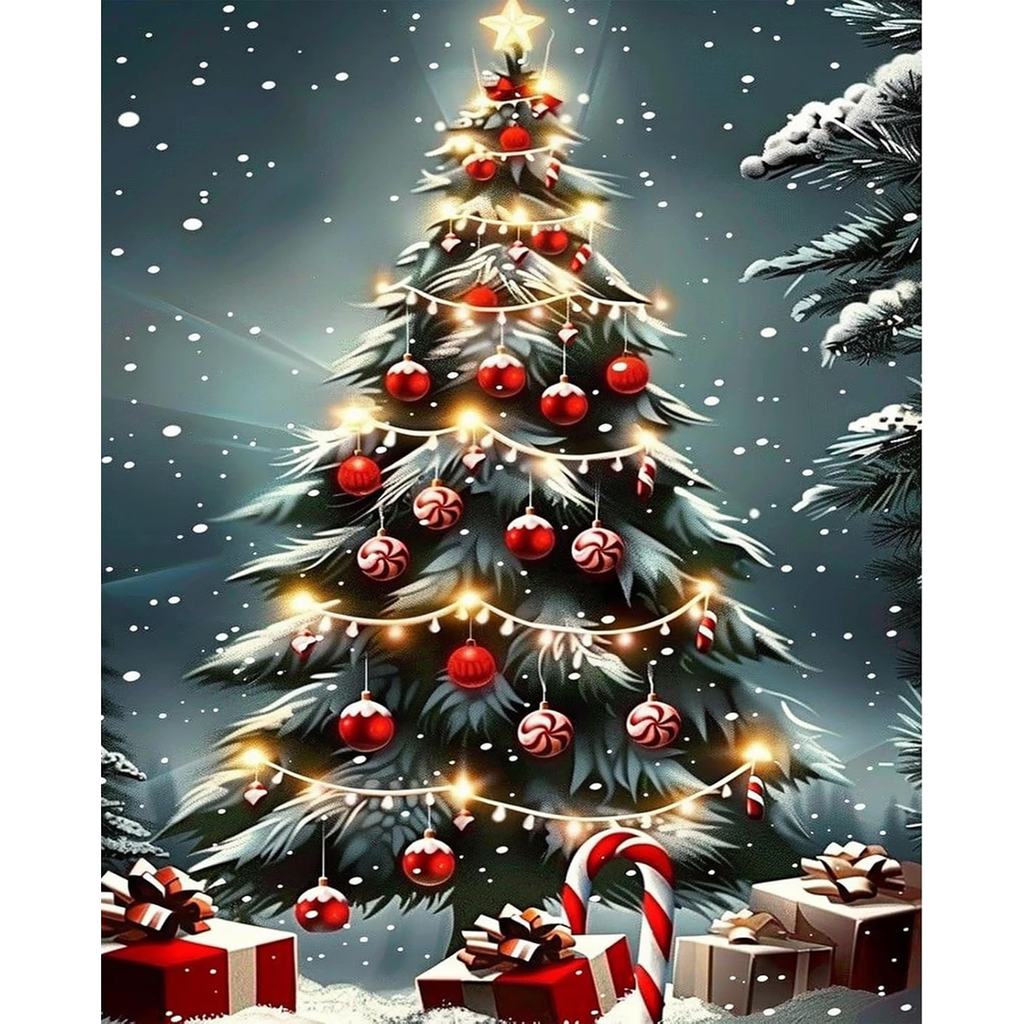 Snowfall Beneath Christmas Lights paint by numbers completed artwork on a clean white background