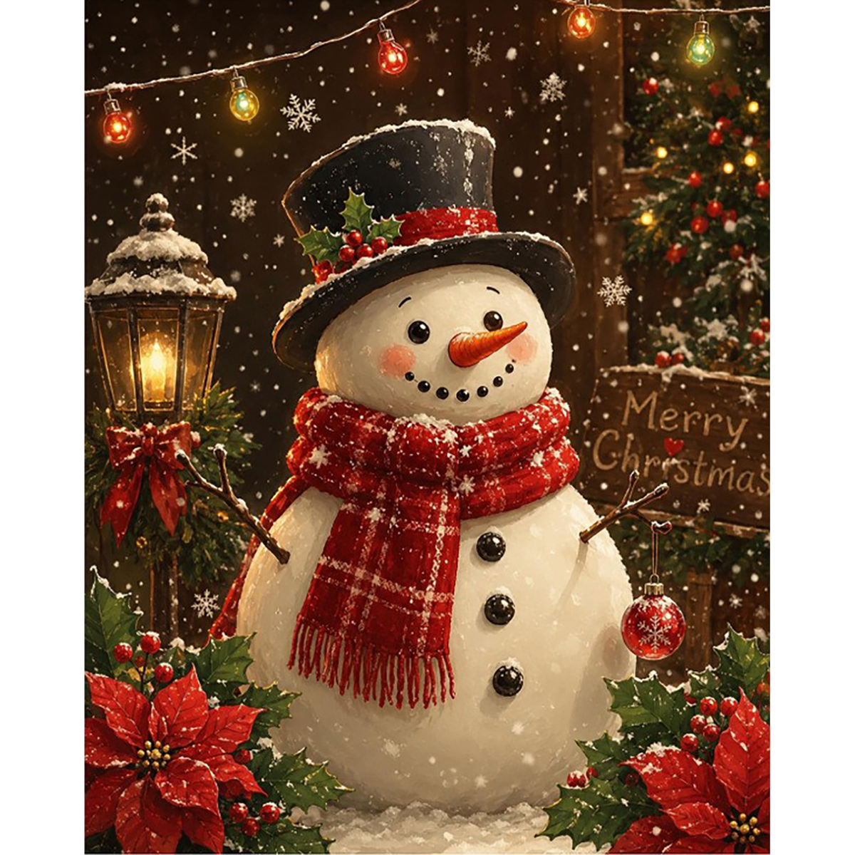 Snowfall Christmas Greeting Snowman paint by numbers completed artwork on a clean white background
