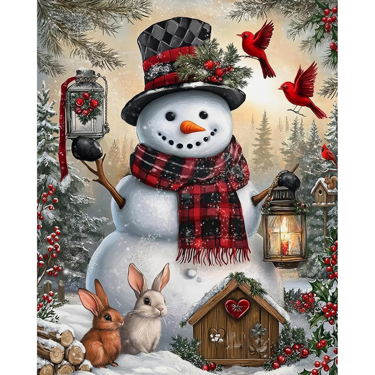 Snowfall Woodland Welcome Snowman paint by numbers original artwork
