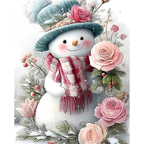 Snowman Among Winter Roses paint by numbers completed artwork on a clean white background