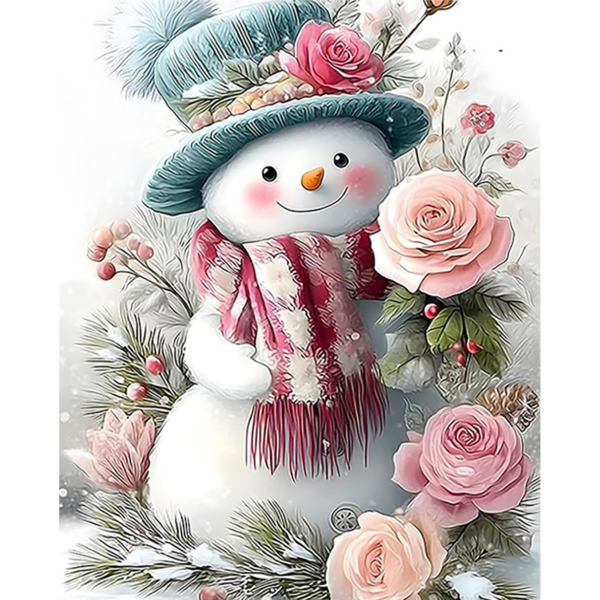 Snowman Among Winter Roses paint by numbers completed artwork on a clean white background